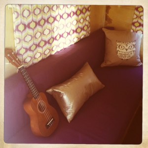 Last but not least, I got this cute little ukelele for Christmas.  It's small and cute, just like Junebug!  I plan to take it on my travels.  Also take notice of my new owl pillow.  I think it looks quite nice in there although the wall behind it could use a little repair.